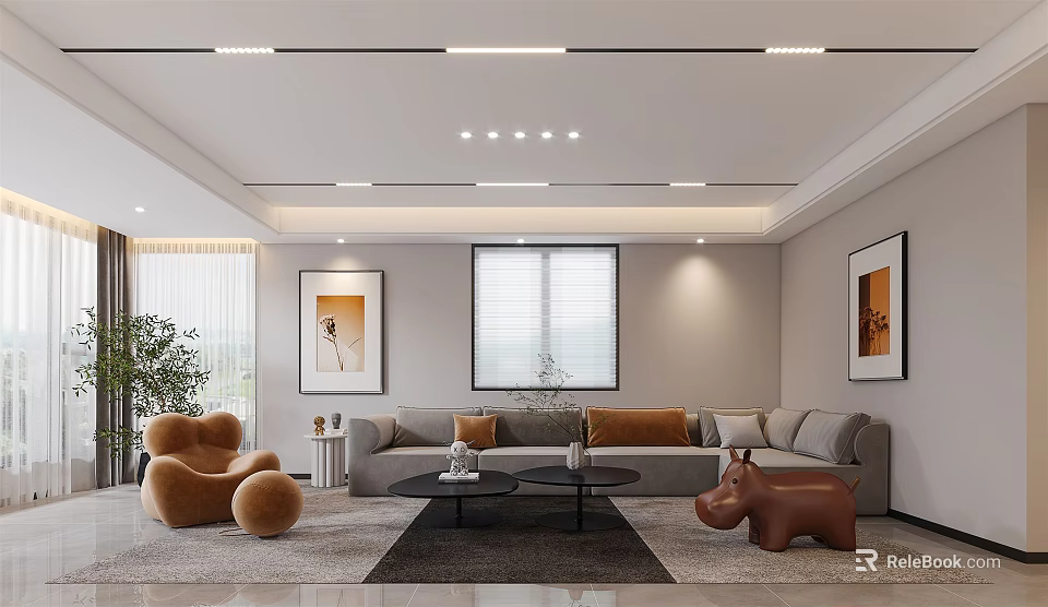 Modern Living Room Featuring Gray Sofa Brown Armchair Black Coffee Tables Paintings Blinds Hippo Sculpture 3d model 