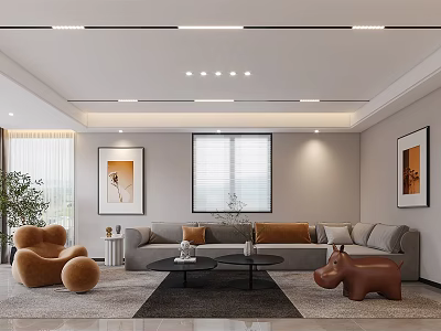 Modern Living Room Featuring Gray Sofa Brown Armchair Black Coffee Tables Paintings Blinds Hippo Sculpture 3d model