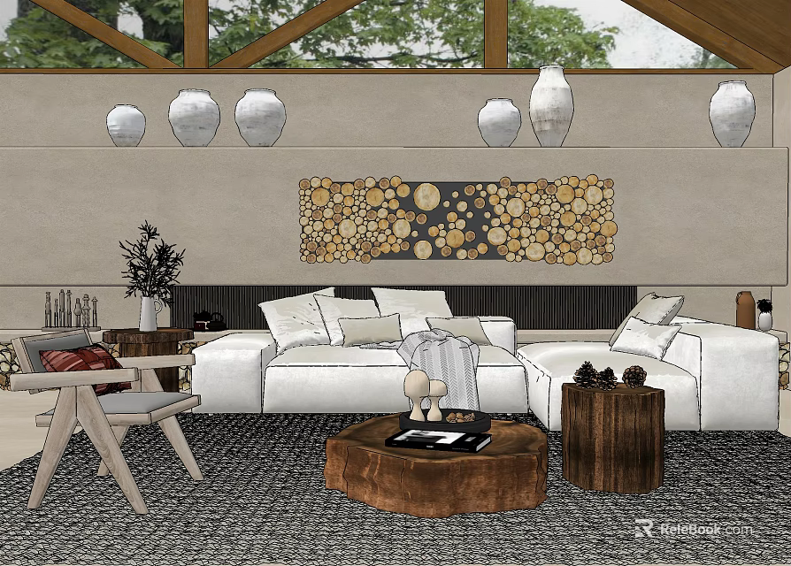 Modern White Sofa And Wooden Coffee Table Set With Area Rug Wall Art And Pendant Lights 3d model 