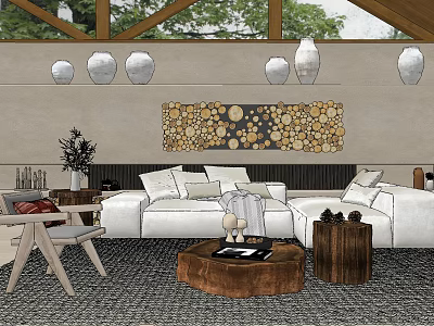 Modern White Sofa And Wooden Coffee Table Set With Area Rug Wall Art And Pendant Lights 3d model