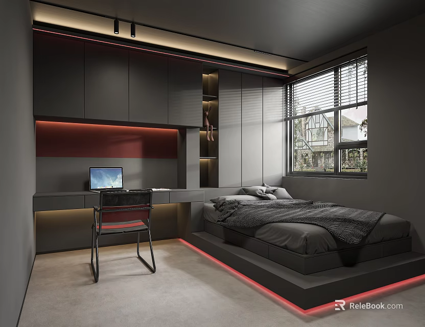 Modern Tatami Bedroom Interior With Tatami Bed Red LED Strip Lights Desk Laptop And Window 3d model 