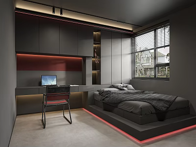 Modern Tatami Bedroom Interior With Tatami Bed Red LED Strip Lights Desk Laptop And Window 3d model