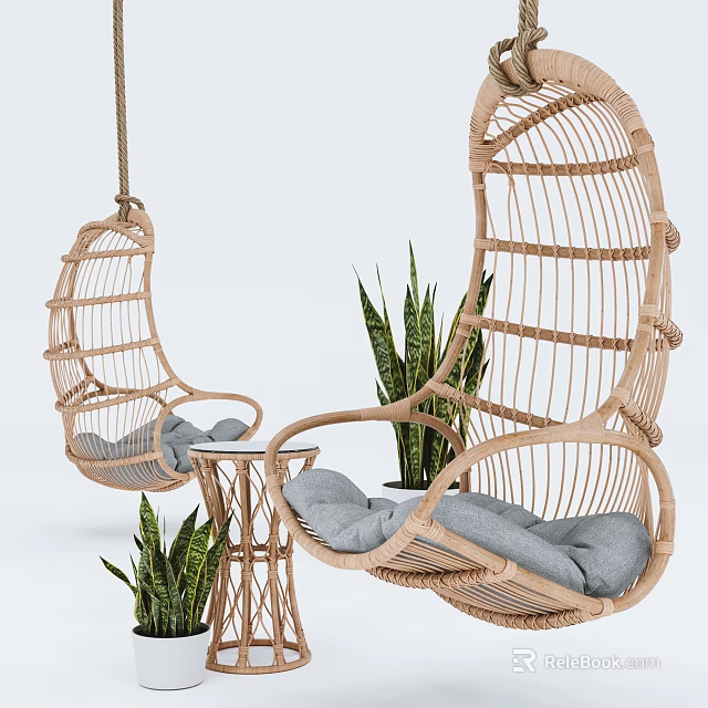 Wicker Leisure Chairs With Hanging And Armchair Design Gray Cushions Green Plants And Side Table 3d model 