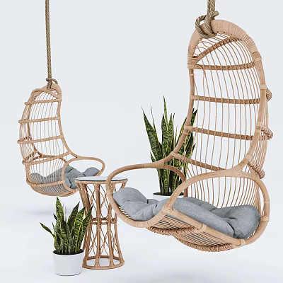Wicker Leisure Chairs With Hanging And Armchair Design Gray Cushions Green Plants And Side Table 3d model