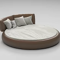 Brown Leather Round Bed with Light Colored Mattress and Gray Pillows 3d model