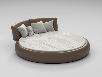 Brown Leather Round Bed with Light Colored Mattress and Gray Pillows 3d model