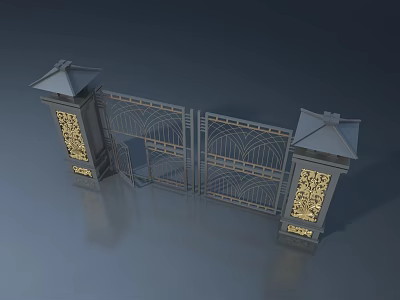 Decorative Iron Swing Door With Ornate Pillars Gold Accents And Intricate Patterns 3d model
