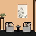 Accent Chair with Black Frame Beige Cushion and Throw Pillows Near Bonsai and Landscape Painting