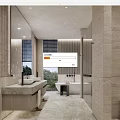 Hotel Bathroom Design with Large Mirror Marble Countertops Bathtub and Natural Light