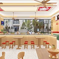 Chongqing Noodles Restaurant Green Wooden Interior With Order Counter Red Stools Menu Posters Ceiling Fans