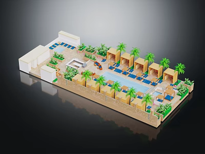 Cartoon Resort Scene With Swimming Pool Palm Trees Cabins Lounge Chairs And Greenery 3d model