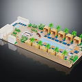 Cartoon Resort Scene With Swimming Pool Palm Trees Cabins Lounge Chairs And Greenery