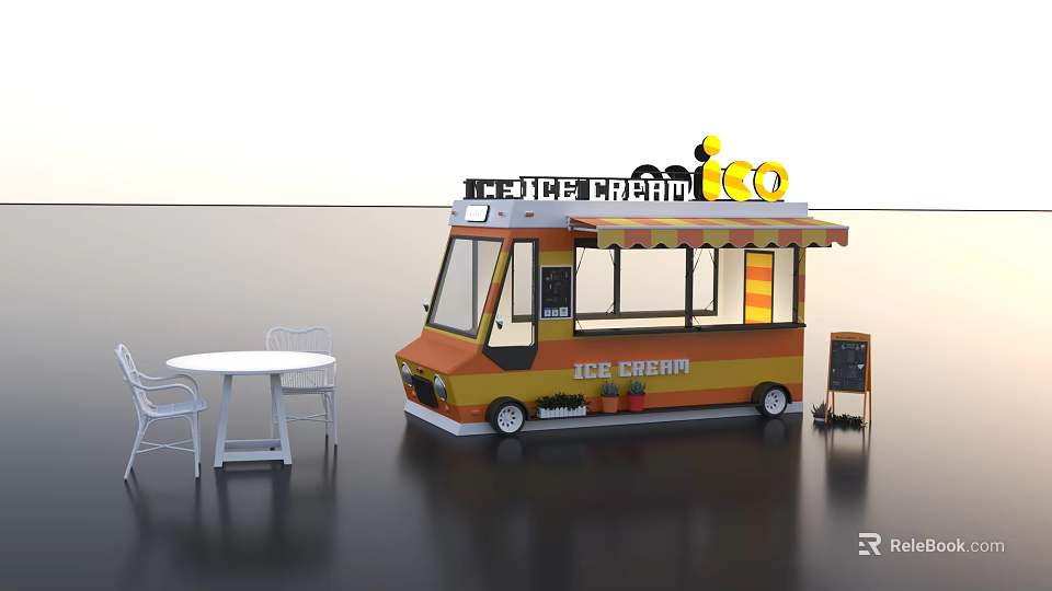 Ice Cream Van With Colorful Awning Outdoor White Table Chairs And Sign 3d model 