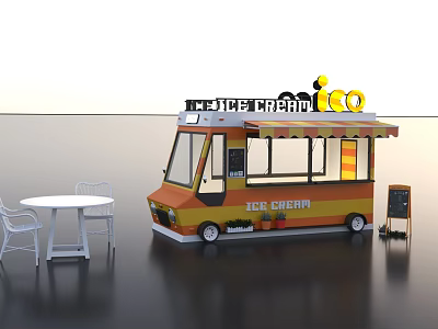 Ice Cream Van With Colorful Awning Outdoor White Table Chairs And Sign 3d model