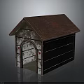 Rusty Metal Dog House With Brown Roof And Red Paw Prints Design