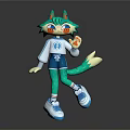 Anime Cat Creature Character With Green Fur Orange Eyes White Top Blue Shorts