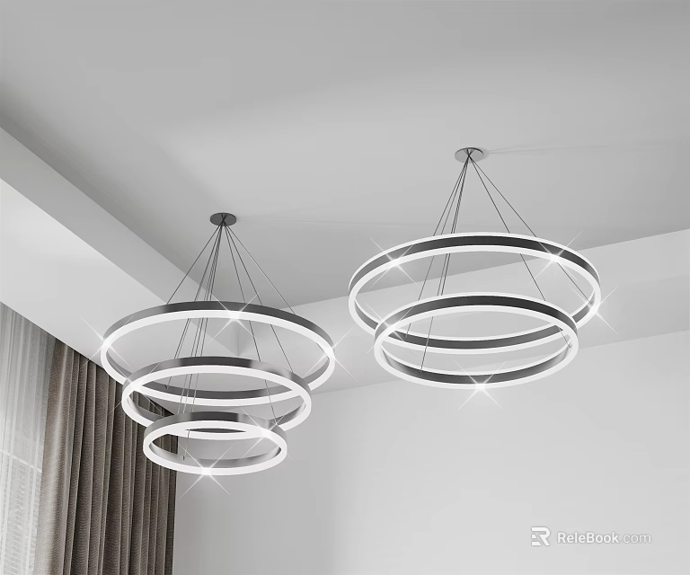 Two Modern Circular Ring Chandeliers Illuminated In White Ceiling Interior Space 3d model