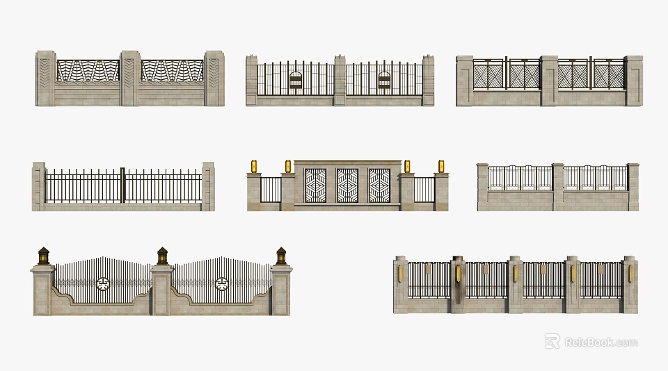Diverse Building Facade Designs Featuring Decorative Railings Stone Patterns And Metal Elements 3d model