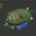 Vintage Airship With Multiple Red Engines Striped Exterior And Wooden Cabin