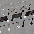 Assorted Metal Crowd Control Barriers With Red Blue Ropes And Logo Panels 3d model