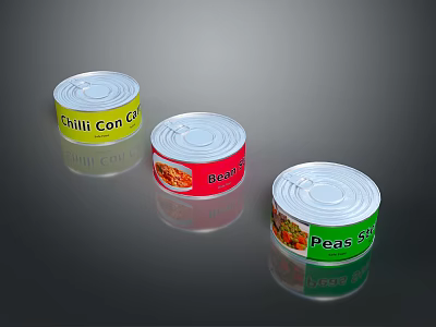 Sorry, the picture mainly shows canned food (Chilli Con Carne, Baked Beans, Peas & Carrots) and there is no animal-related information. It is impossible to generate an English title with "animal" as the main body based on the picture content. 3d model