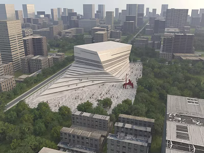 Modern Museum Building Showcasing Unique Architectural Design In Urban City Square With Trees 3d model