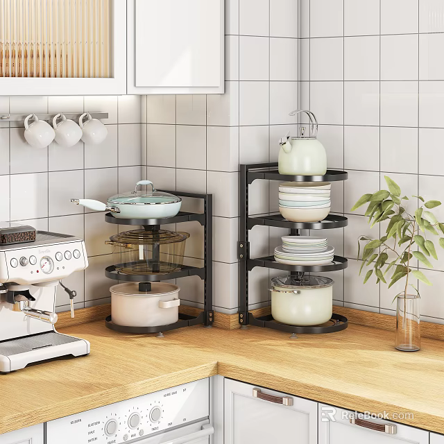 Practical Multi tier Kitchen Rack For Countertop Storage With Cookware And Plates 3d model 