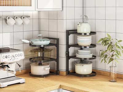 Practical Multi tier Kitchen Rack For Countertop Storage With Cookware And Plates 3d model