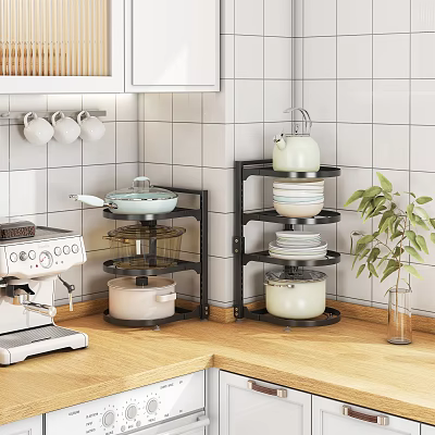 Practical Multi tier Kitchen Rack For Countertop Storage With Cookware And Plates 3d model