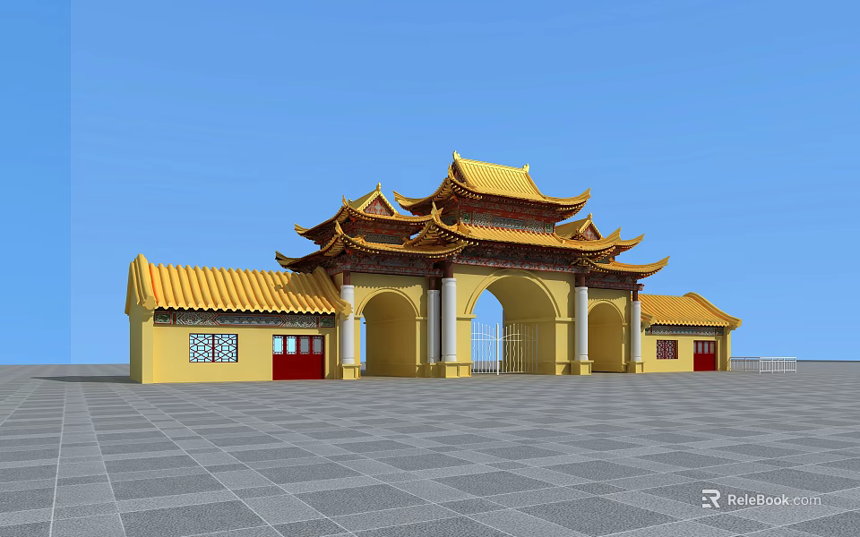 Traditional Chinese Entrance Gate With Yellow Roof Overhanging Eaves And Red Doors 3d model 