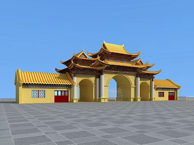 Traditional Chinese Entrance Gate With Yellow Roof Overhanging Eaves And Red Doors 3d model