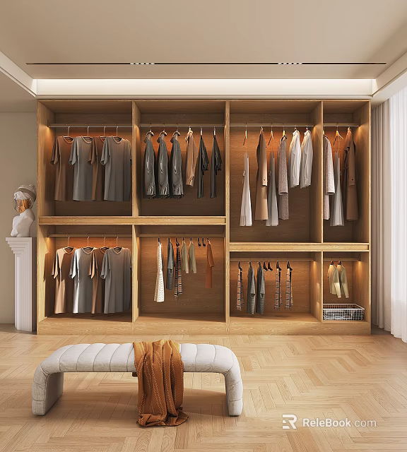 Wooden Wardrobe with Hanging Clothes Layered Shelves and Bench with Clothing 3d model 