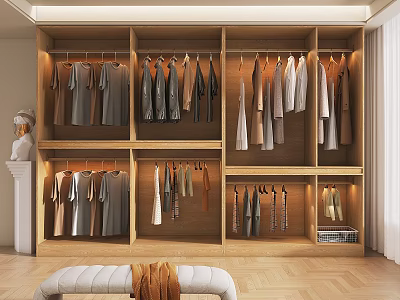 Wooden Wardrobe with Hanging Clothes Layered Shelves and Bench with Clothing 3d model