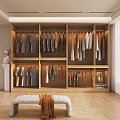 Wooden Wardrobe with Hanging Clothes Layered Shelves and Bench with Clothing