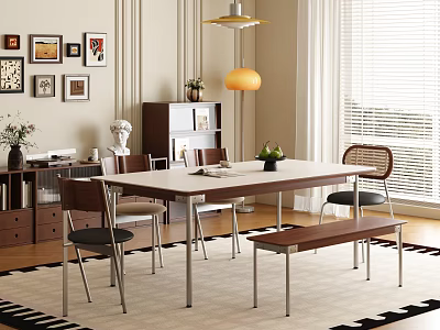 Wooden Dining Table Set With Chairs Bench Bookshelf Wall Art And Pendant Lamp 3d model