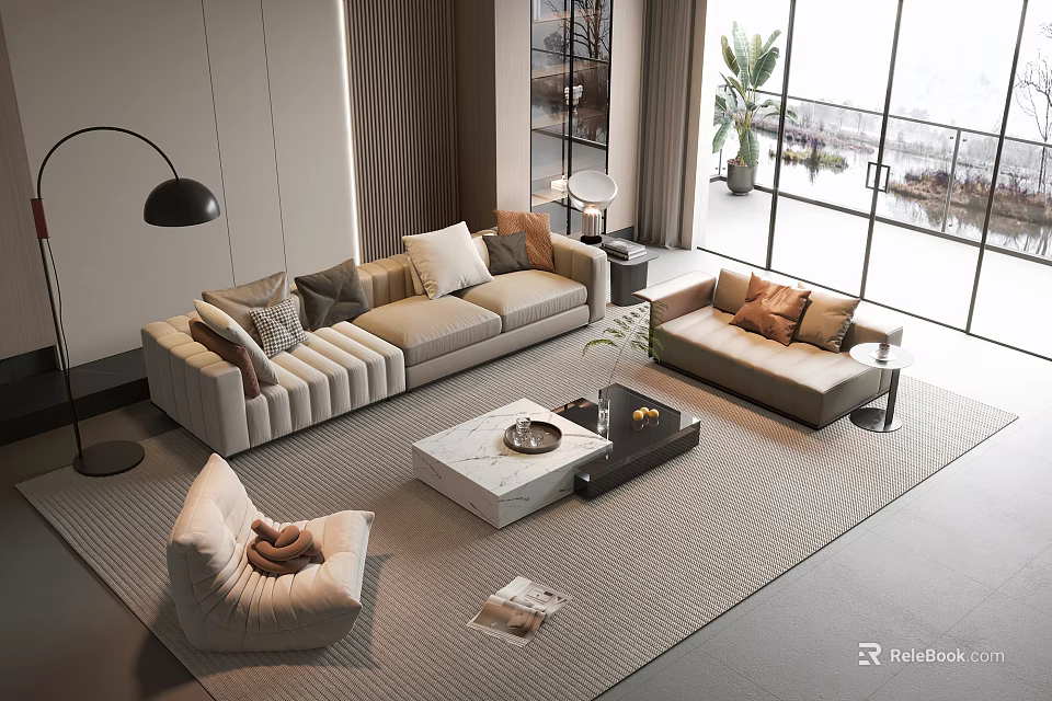 Modern Living Room Interior With Beige Fabric Sofa Armchair And Marble Top Coffee Table 3d model 
