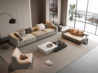 Modern Living Room Interior With Beige Fabric Sofa Armchair And Marble Top Coffee Table 3d model