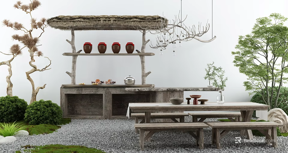 Rustic Countryside Landscape With Thatched Roof Wooden Shelf Red Clay Jars Stone Table And Benches 3d model 