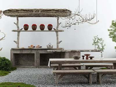 Rustic Countryside Landscape With Thatched Roof Wooden Shelf Red Clay Jars Stone Table And Benches 3d model