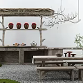 Rustic Countryside Landscape With Thatched Roof Wooden Shelf Red Clay Jars Stone Table And Benches