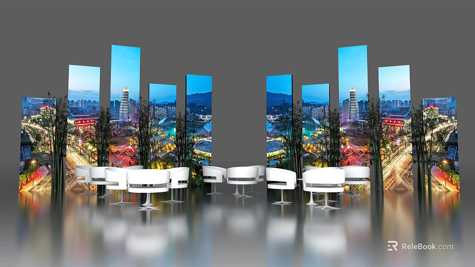 Modern Computer Monitors Displaying City Night View With White Chairs And Reflective Floor 3d model 