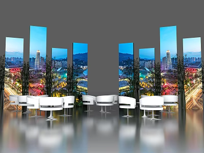 Modern Computer Monitors Displaying City Night View With White Chairs And Reflective Floor 3d model