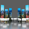 Modern Computer Monitors Displaying City Night View With White Chairs And Reflective Floor