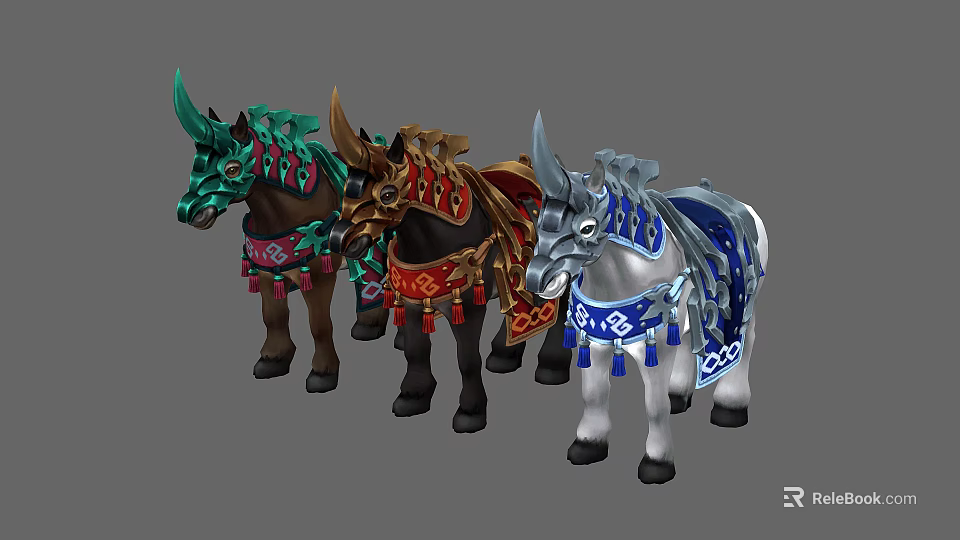 Decorative Mythical Horse Like Creatures With Detailed Design Green Red Blue Tassels And Ornate Patterns 3d model 