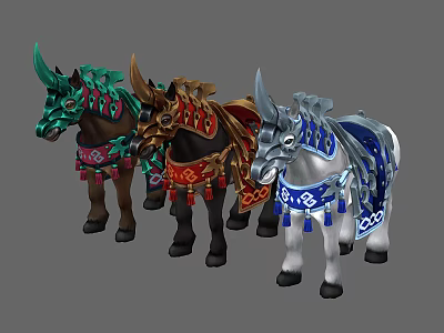 Decorative Mythical Horse Like Creatures With Detailed Design Green Red Blue Tassels And Ornate Patterns 3d model
