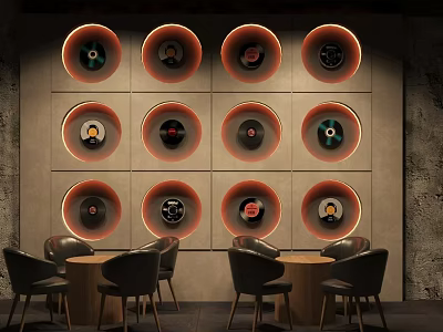 Modern Bar Interior with Vinyl Record Wall Decor Warm Orange Lighting and Cozy Seating Tables 3d model