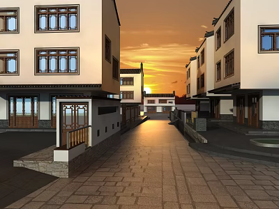 Traditional Style Commercial Street With Multi Story Buildings And Sunset Sky 3d model