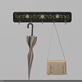 Black Wall Hook Rack With Gold Floral Patterns Hanging Umbrella And Handbag