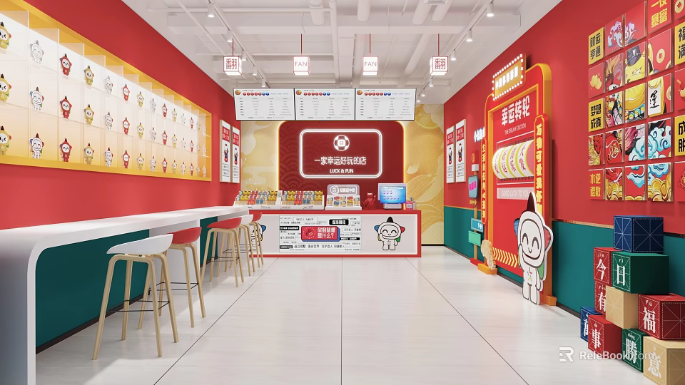 Modern Store Front Desk Interior With Red Walls White Counter And Menu Posters 3d model