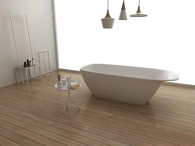 Modern White Bathtub in Bathroom with Wooden Floor Small Table Toiletries Mirror and Pendant Lights 3d model